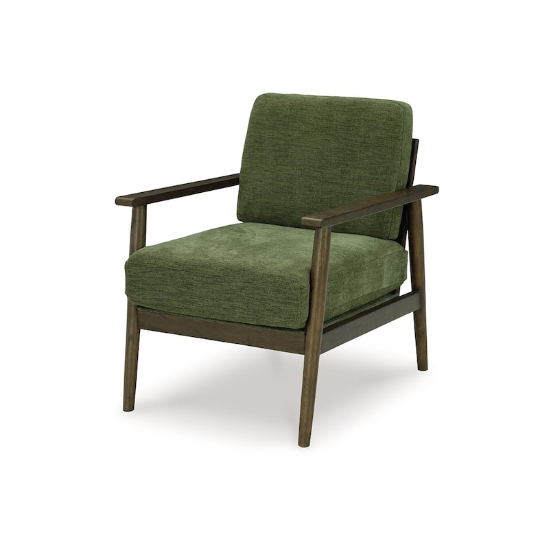 Bixy Accent Chair, 31 Inch, Brown Wood Armrests, Dark Green Polyester