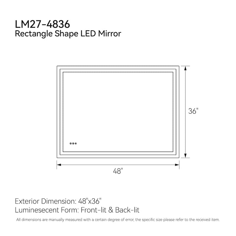 Clear LED Bathroom Mirror with Aluminum Frame, Anti-Fog and Dimming - 48” x 36”