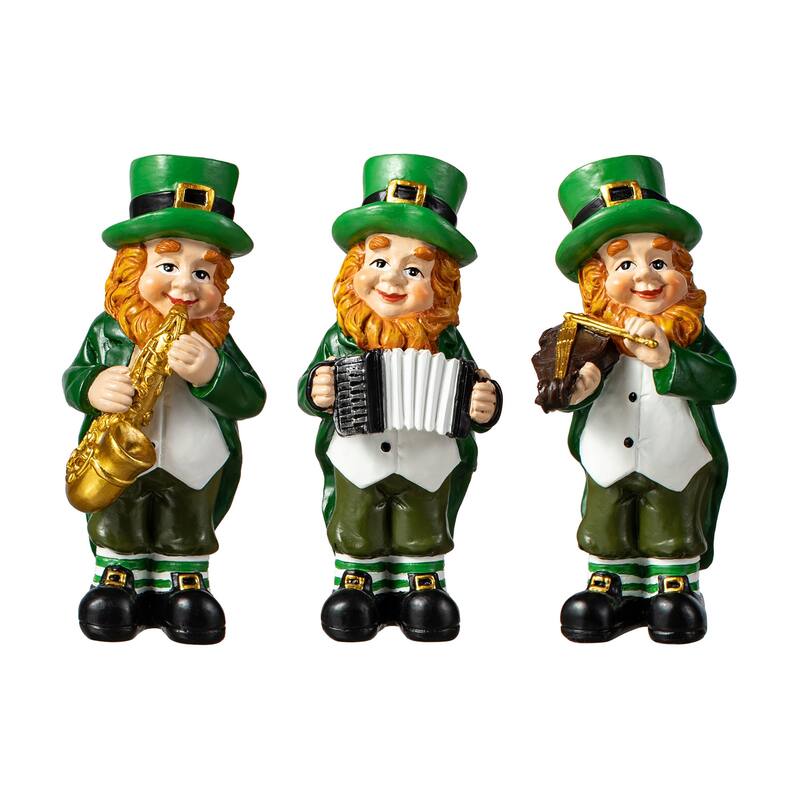 Glitzhome 5"H Set of 3 St Patrick's Leprechaun Musicians Resin Table Decor