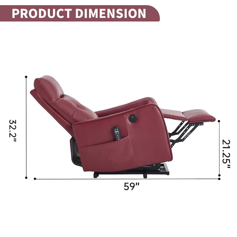 PU Leather Recliner with Single Motor Lift Massage Heat and 155 Degree Recline