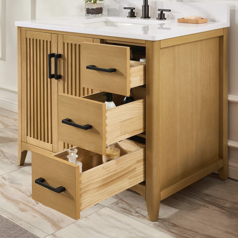 36" Solid Wood Bathroom Vanity with USB Charging Storage