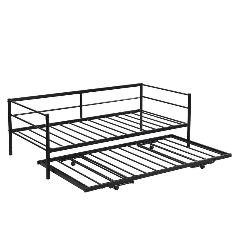 Twin Size Metal Daybed with Adjustable Pop-Up Trundle, Industrial Style, No Box Spring Required, Multi-functional Design
