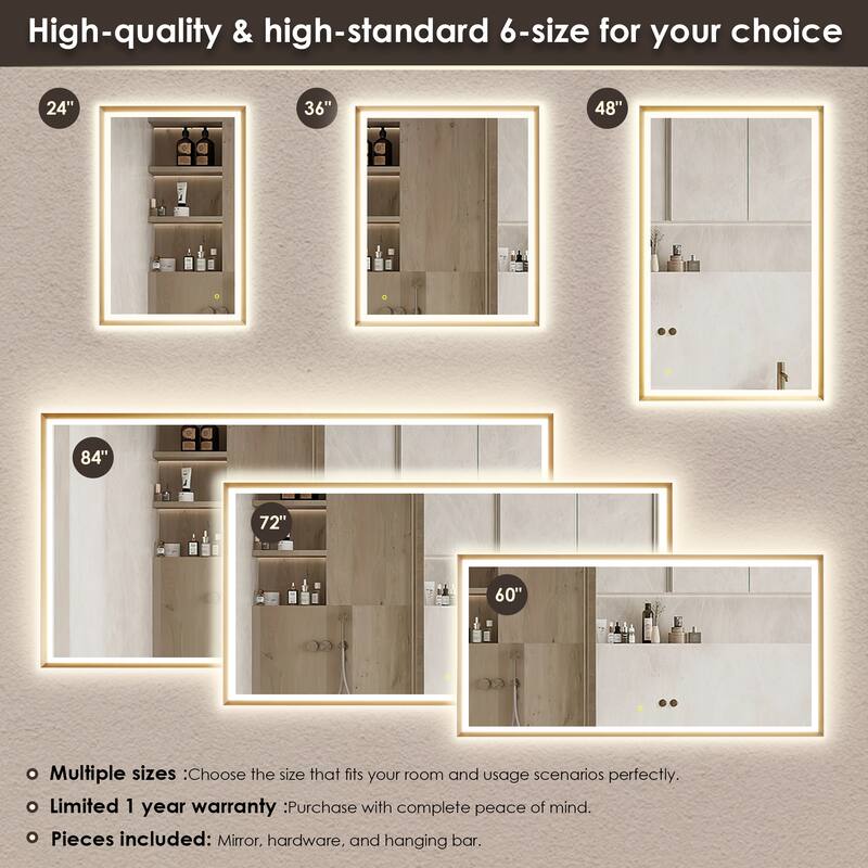 Apollo Rectangular Anti-Fog Dimmable Modern Bathroom/Vanity LED Lighted Wall Mirror in Brushed Gold Aluminum Framed