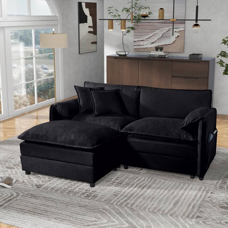 Modular Sofa DIY Combination Sofa for Living Room, Chenille Sectional Sofa Deep Seat Couch Set with Ottoman - Black