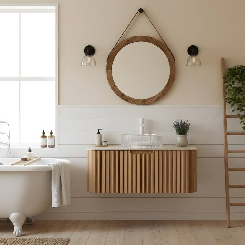 Floating Bathroom Vanity with Transparent Round Glass Basin