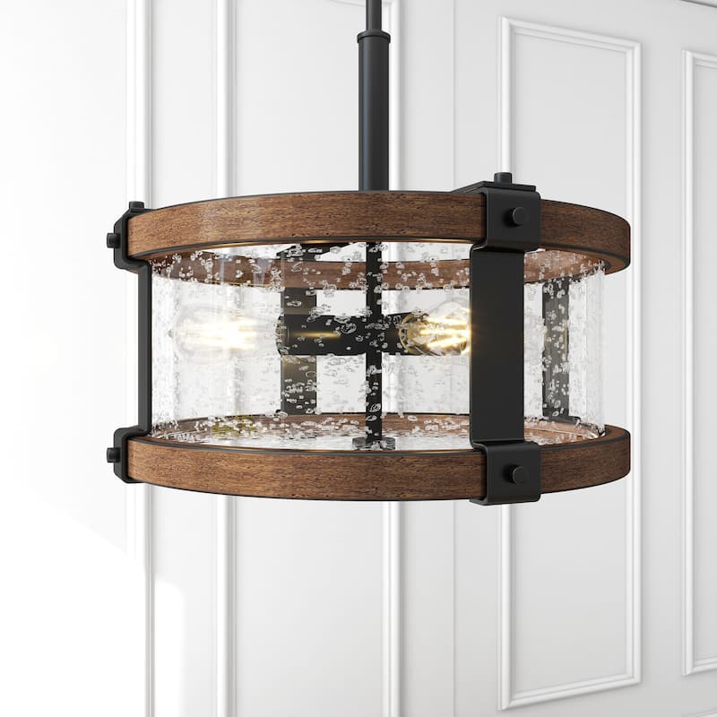 4-Light Distressed Black and Wood Tone Seeded Glass Drum Pendant - 18" x 65" x 18"