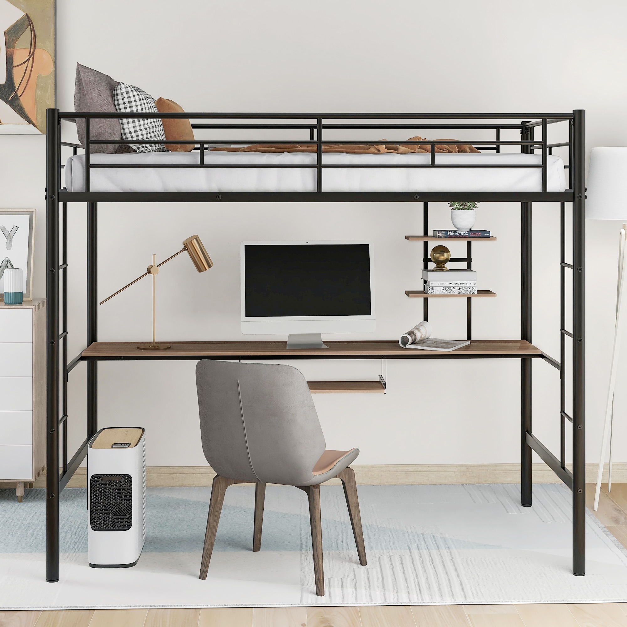 Metal Loft Bed with Desk and Shelf Space Saving Design Bed Bath
