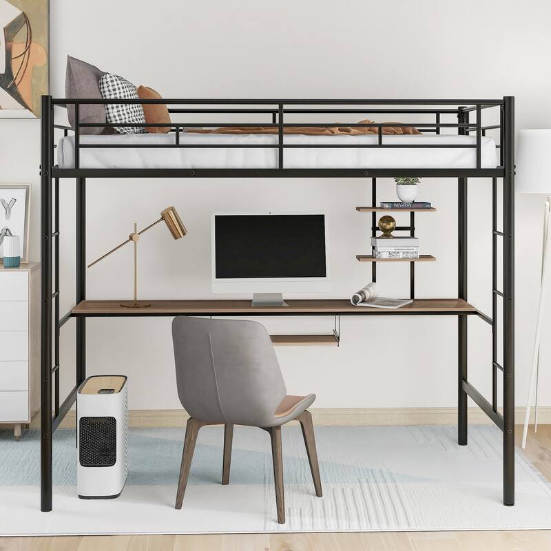 Twin/Full Size Loft Bed with Built-In Desk and Bookshelves, Durable Metal Frame, Black