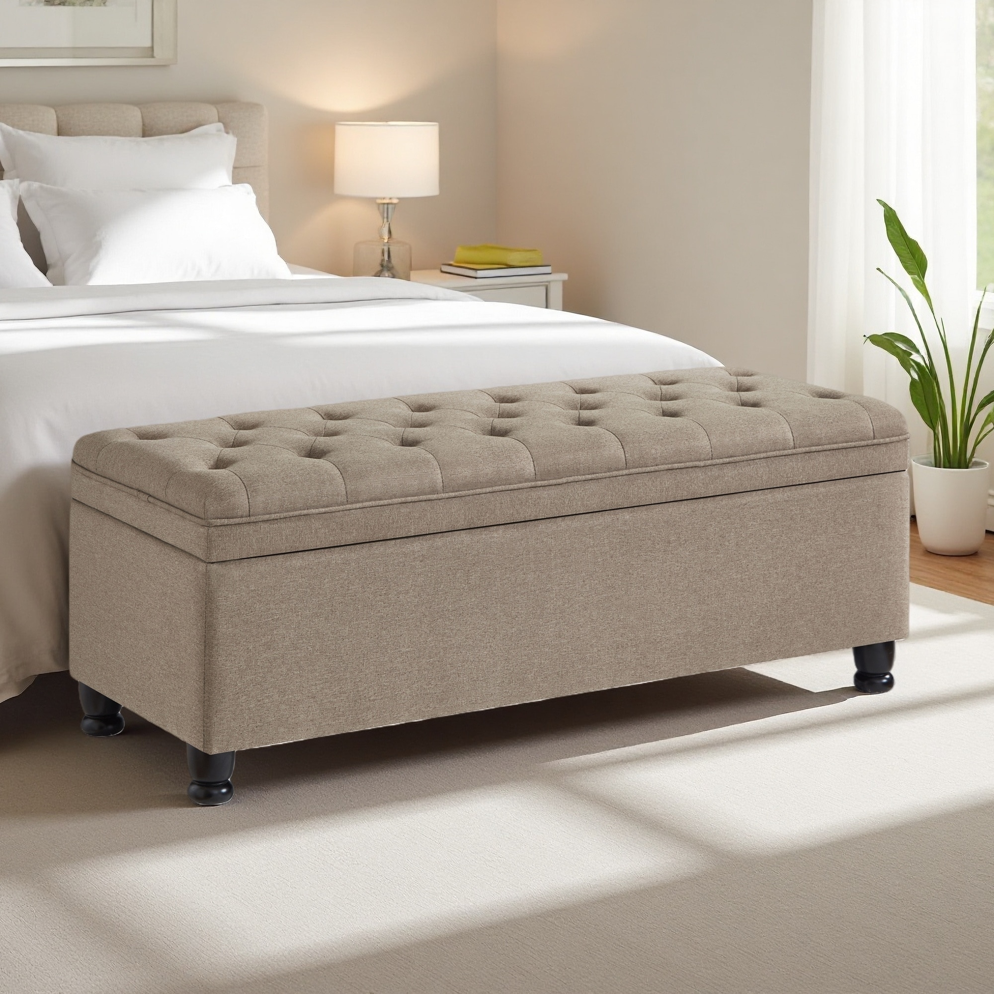 45"L Linen Fabric Upholstered Tufted Button Storage Bench, Spindle Legs