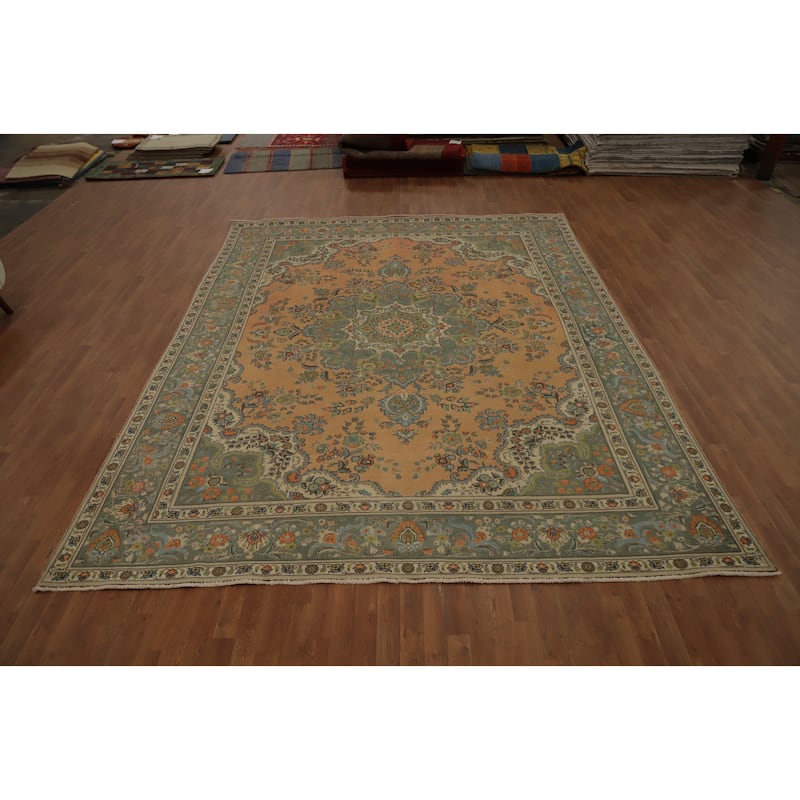 Hand Knotted Oriental 100% Wool Carpet Traditional Floral Oranges & Rust Tabriz Area Rug - 12' 7'' X 9' 6''