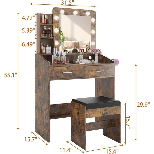 Vabches Vanity Desk With LED Mirror & Stool - Rustic Brown, 2 Drawers, Charging Station, 3 Light Modes