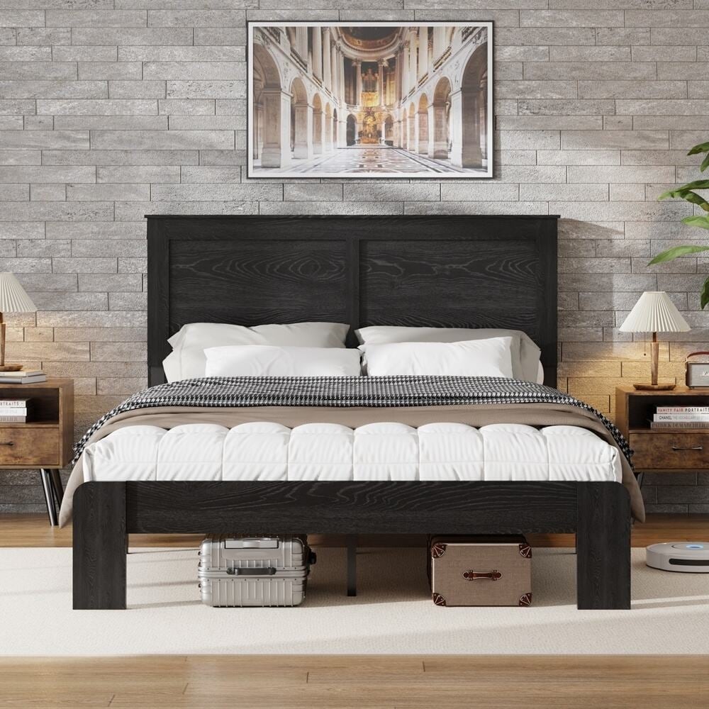Bed Frame with Upholstered Headboard and Wood Platform