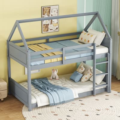 House Shaped Twin Bunk Bed Frame, Rubber Wood Twin over Twin Floor Bunk Bed with Safety Guardrails and Ladder