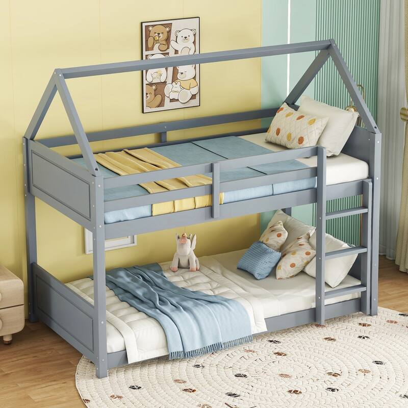 Twin Over Twin House Floor Bunk Bed with Headboards, Footboards, Guardrails, and Ladder, Light Grey