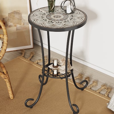 Patio Side Table Round Small End Table Plant Stand with Floral Ceramic Top and Storage Shelf for Study Room Backyard