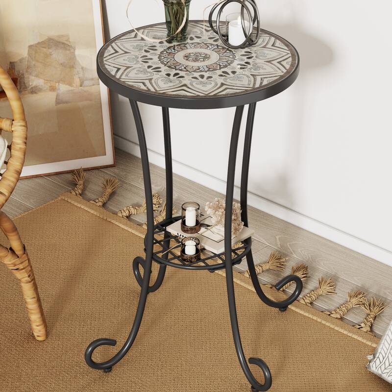 Patio Side table with Shelf - Brown+Black