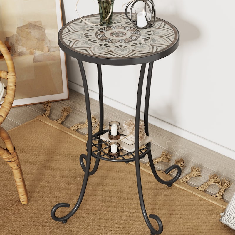 Roomfitters Outdoor Patio Side Table with Ceramic Tile Top and Lower Shelf, Floral - Brown+Black