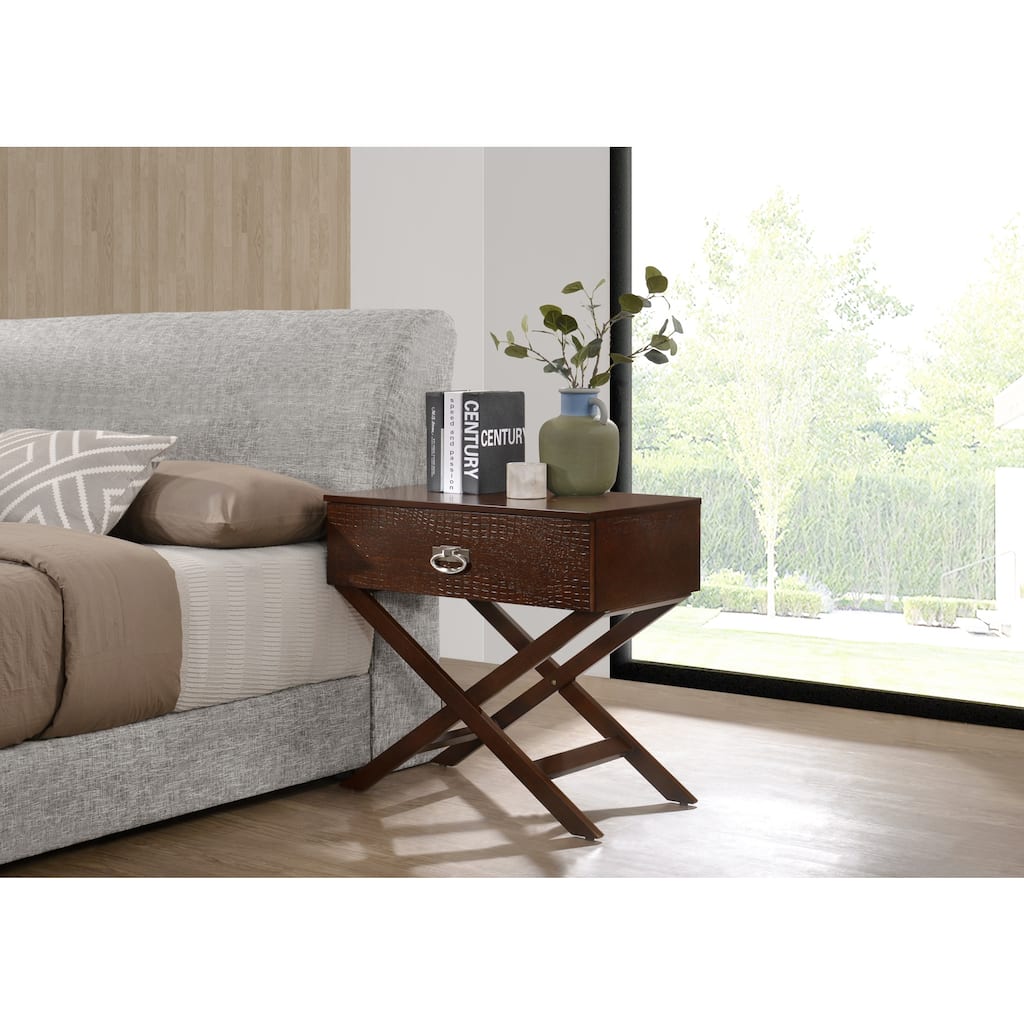 Cappuccino Nightstand with Croc Textured Drawer Front, 25x27x16 Modern Bedside Storage Table for Bedroom Essentials