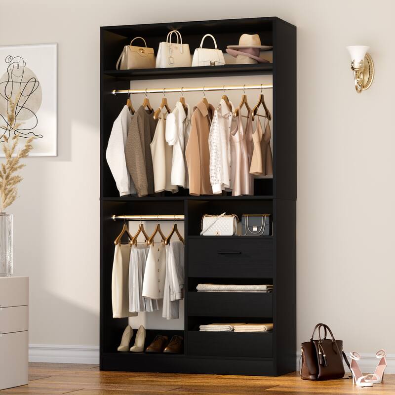 36'' W Freestanding Walk-in Closet Organizer System with 2 Hanging Rods and 3 Wood Drawers