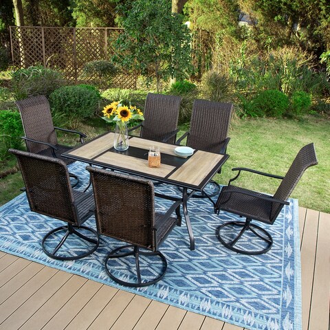 Sophia & William Outdoor Patio 7-piece Dining Set, 1 Wood-like Table with Umbrella Hole and 6 PE Rattan Swivel Chairs