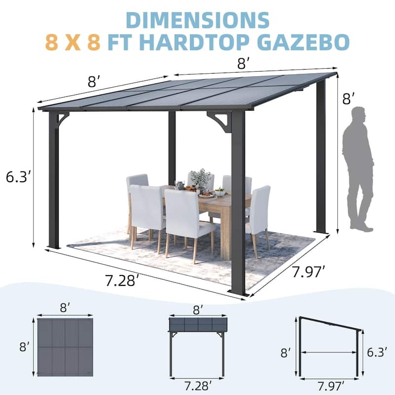 8x8ft Wall Mounted Gazebos Pergola, Outdoor Lean to Gazebo Awnings