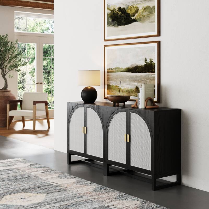 Paxton Boho Wood Storage Cabinet with Doors, Small Storage Cabinet or TV Stand with Rattan Door Details