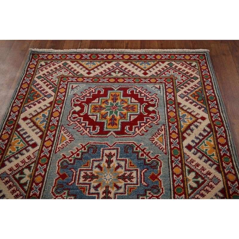 Geometric Kazak Oriental Runner Rug Hallway Hand-Knotted Wool Carpet - 2'8" x 9'4"