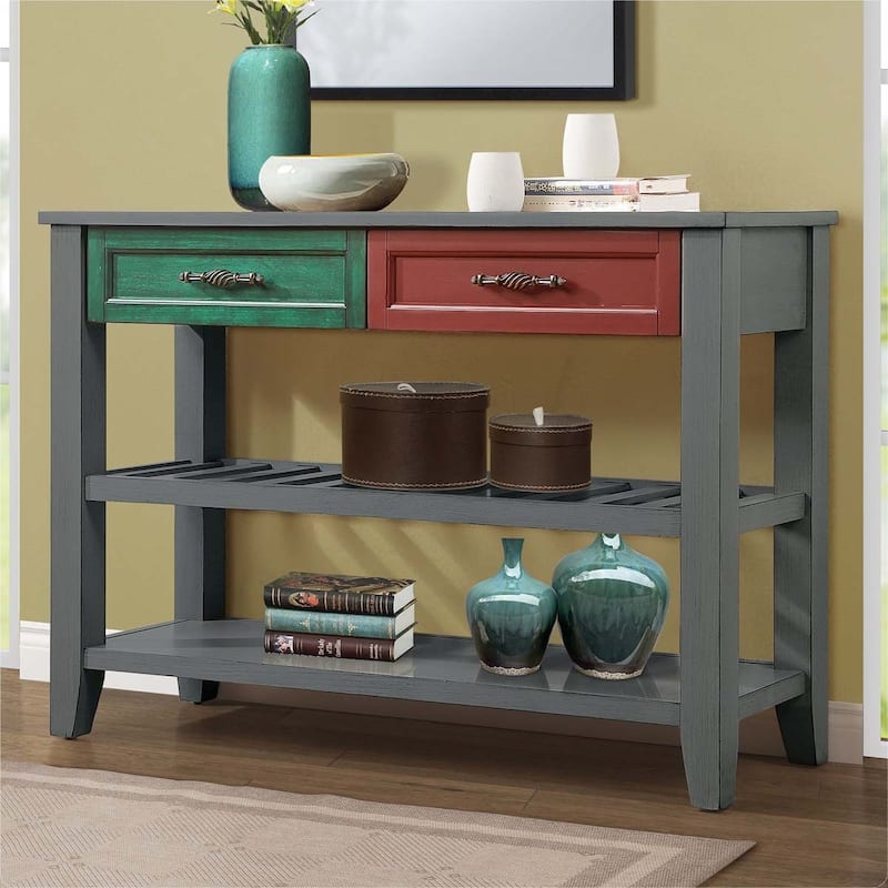 Mid-Century Style Console Sofa Table Solid Wood Buffet Sideboard with 2 Storage Drawers and 2 Tiers Shelves