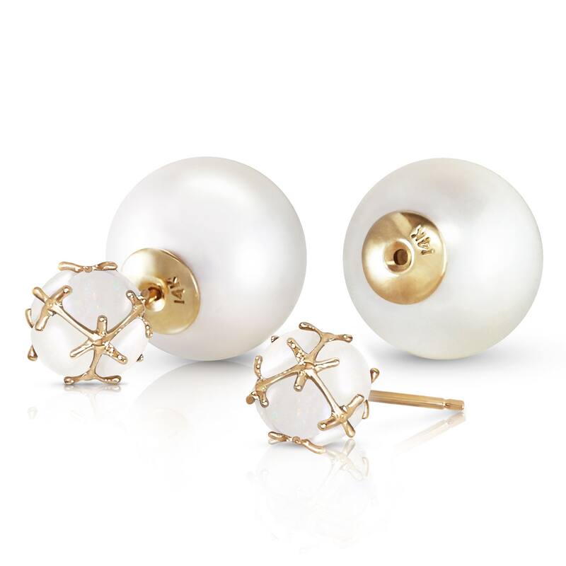 14K Solid Gold Tribal Double Shell Pearls And Opals Stud Earrings
