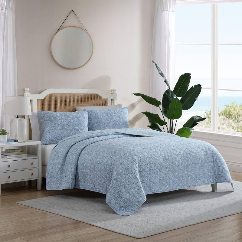 Nautica Floral Park Intricate Floral Motif Cotton Reversible Quilt (Blue, 3 Piece Set)