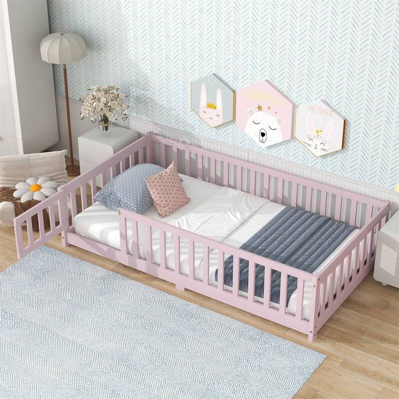 Twin/Full/Queen Size Floor Bed with Fence Guardrails and Door, Rubber Wood Toddler Bed Montessori Bed with Slats Support