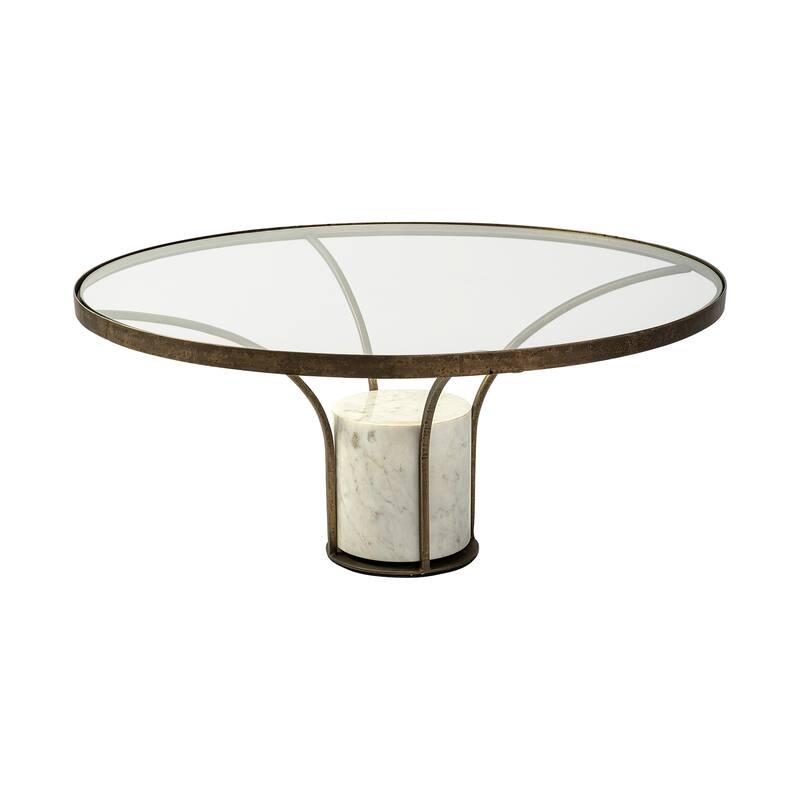 Jacinta II Glass Top with Gold Metal and White Marble Pedestal Round Side Table
