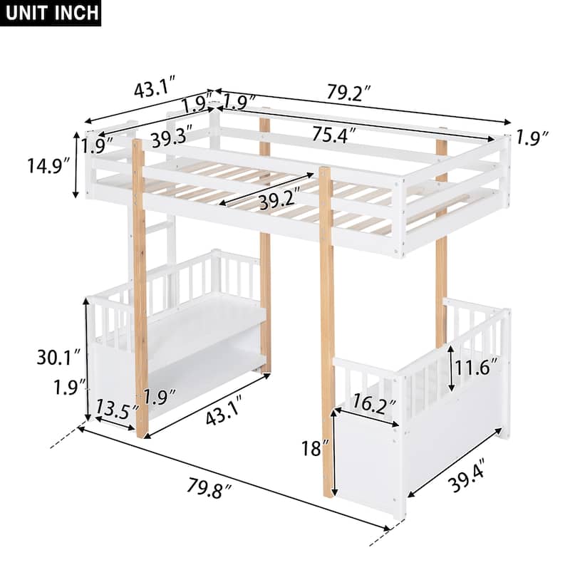 Wood Loft Bed with 2 Seats and a Ladder - White - Twin