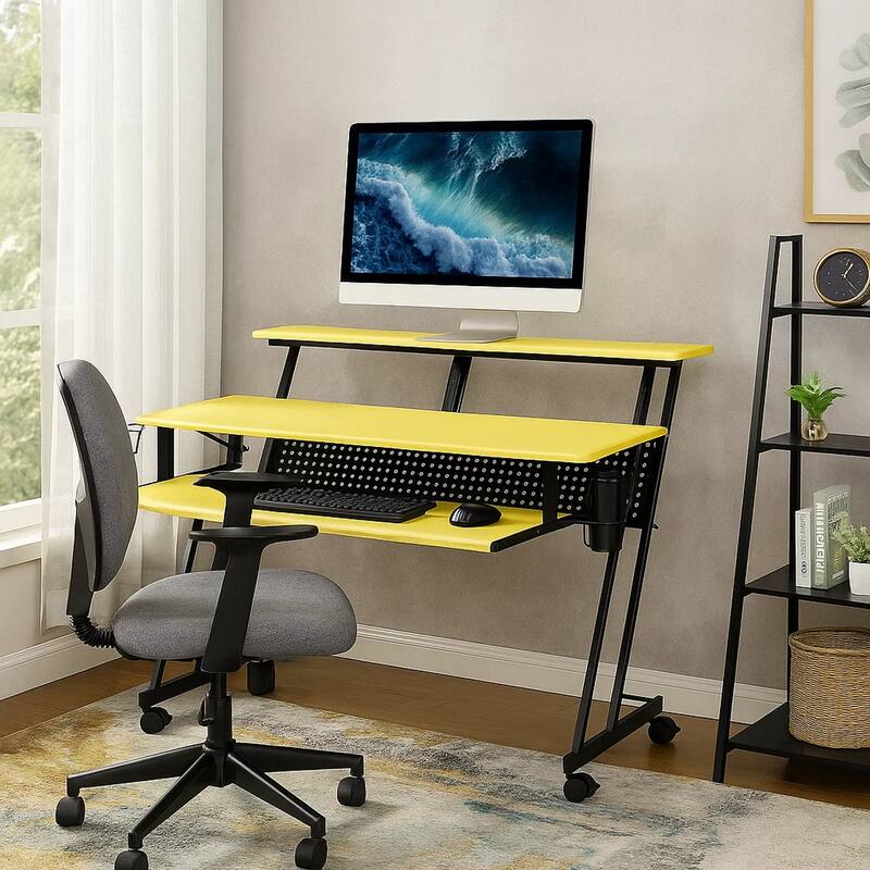 Rectangular Top Computer Desk with 1 Shelf and 1 Cupholder,Black and Yellow