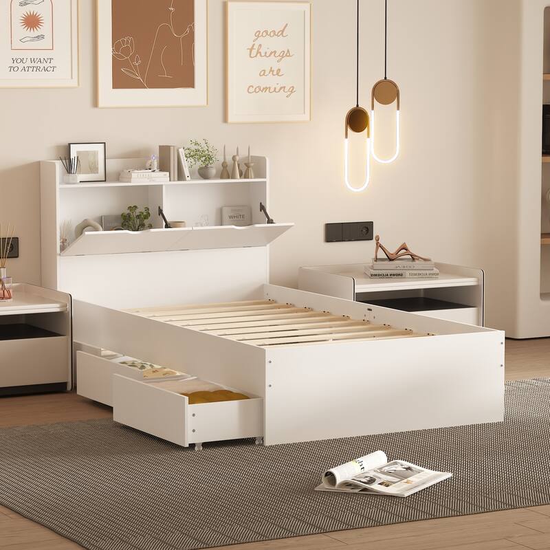 Timechee Twin Bed Frame with 3 Drawers And Hidden Storage Solid Wood