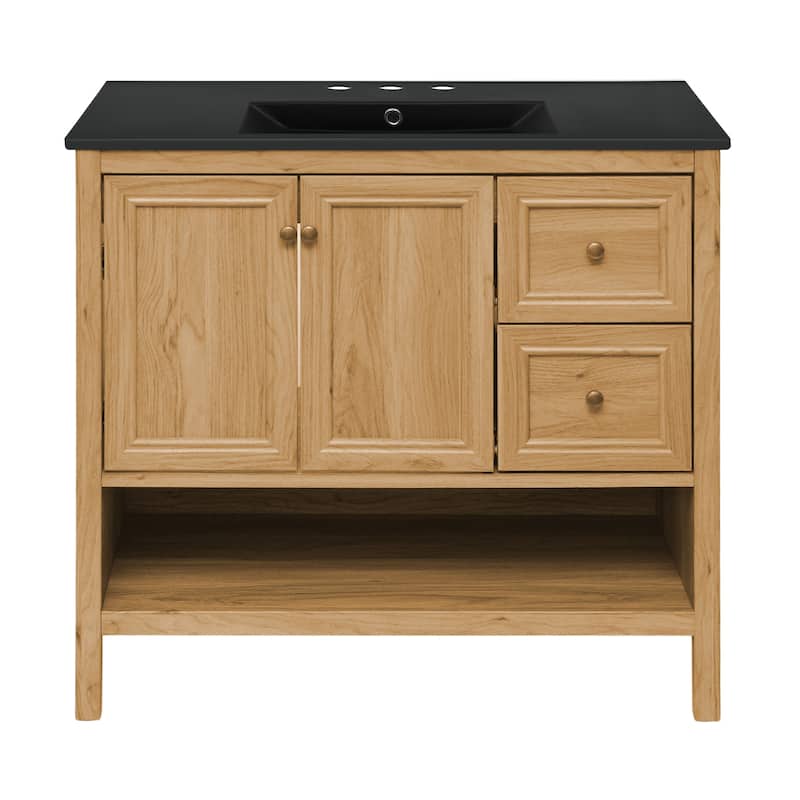 Chteau 36 In. Brown Oak Bathroom Vanity With Black, 3-Hole Ceramic Sink Top
