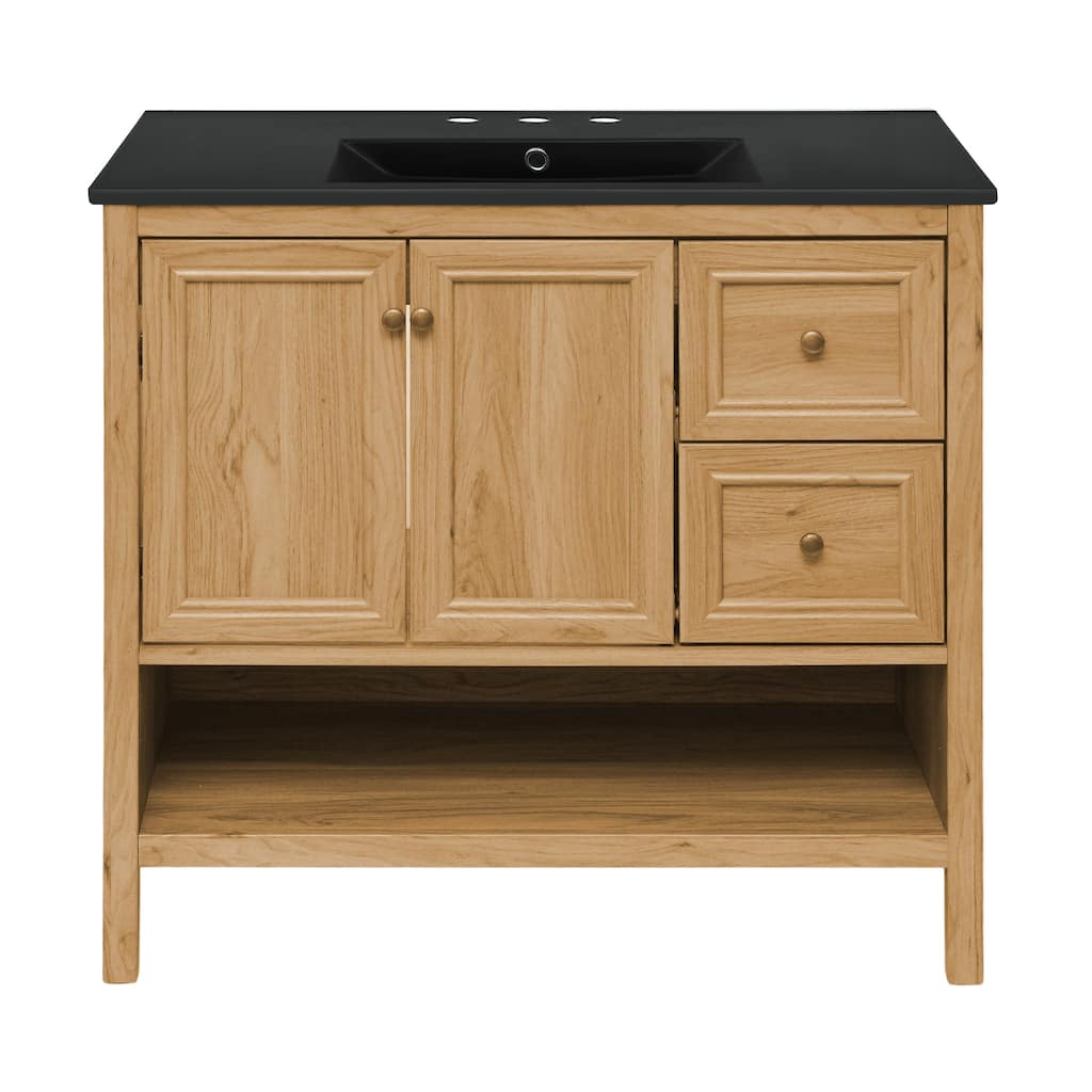 Chteau 36 In. Brown Oak Bathroom Vanity With Black, 3-Hole Ceramic Sink Top
