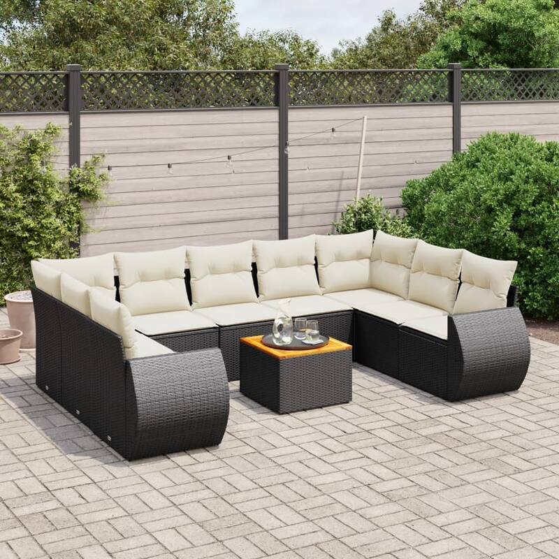 vidaXL Patio Sofa Set with Cushions Outdoor Furniture 10 Piece Poly Rattan - Black and Cream - 24.4 x 24.4 x 113.0