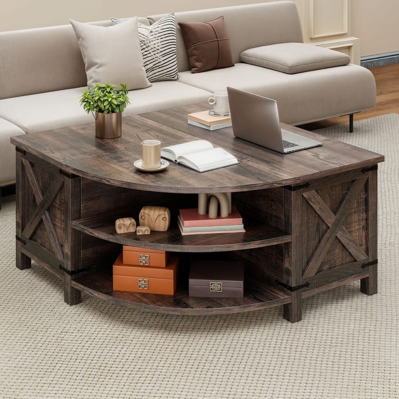 Moasis Farmhouse Lift Top Coffee Table with Hidden Storage and Shelves for Living Room - Oak