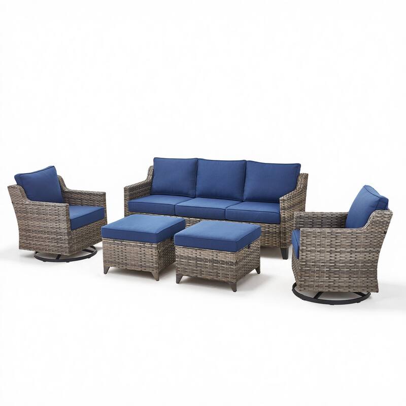 Glissia 5-Piece Gray Wicker Patio Conversation Set with Swivel Gliders and Ottomans