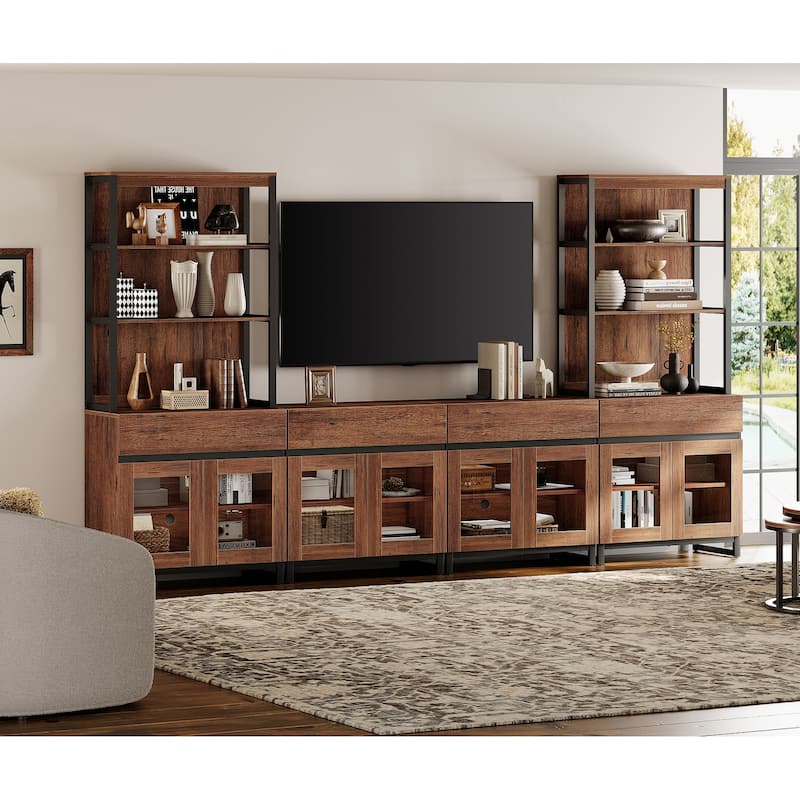 Modern TV Stand with 3 Tiers Bookshelf,Wooden Media TV Console with Glass Doors for Living Room