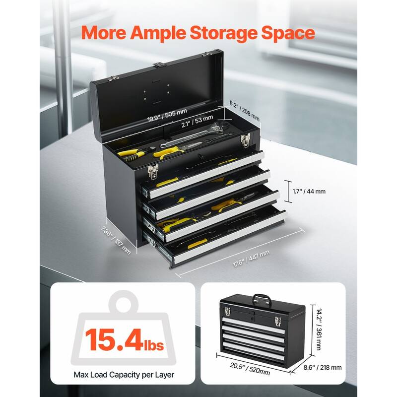 20.5-Inch Black Portable Metal Toolbox with 4 Drawers and Auto-Locking System - 20.5 x 8.6 x 14.2 in
