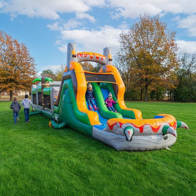 HeroKiddo T-Rex Adventure 42' Inflatable Obstacle Course with Water Slide - Commercial Grade, Wet & Dry Play (Blowers Included)
