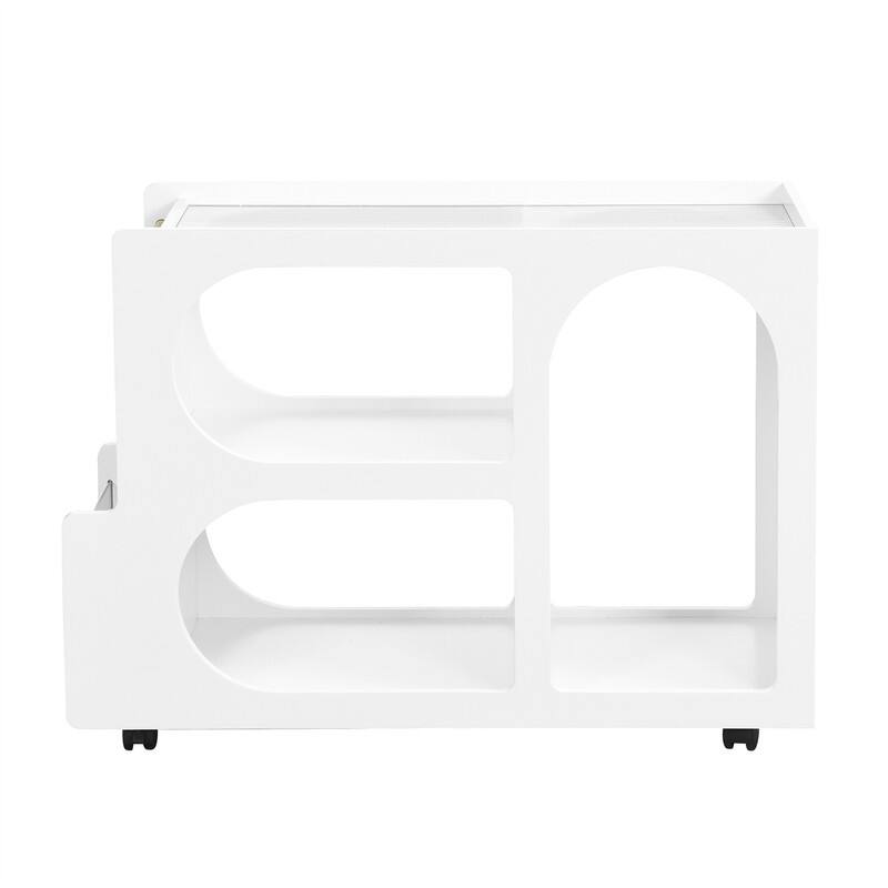 Mobile End Table with Thick Fluted Tempered Glass, Narrow Side Table with Lockable Wheels and Open Storage Compartments