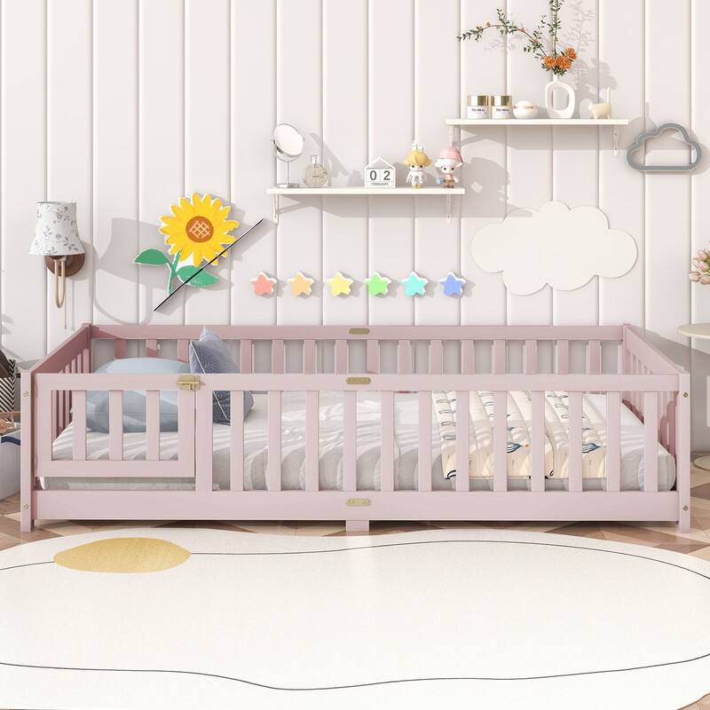 Twin Size Floor Bed with Fence and Door, Safety Guardrails