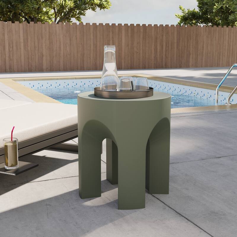 Round Side Table End Table in Fiberstone with Arch Design Base for Indoor and Outdoor