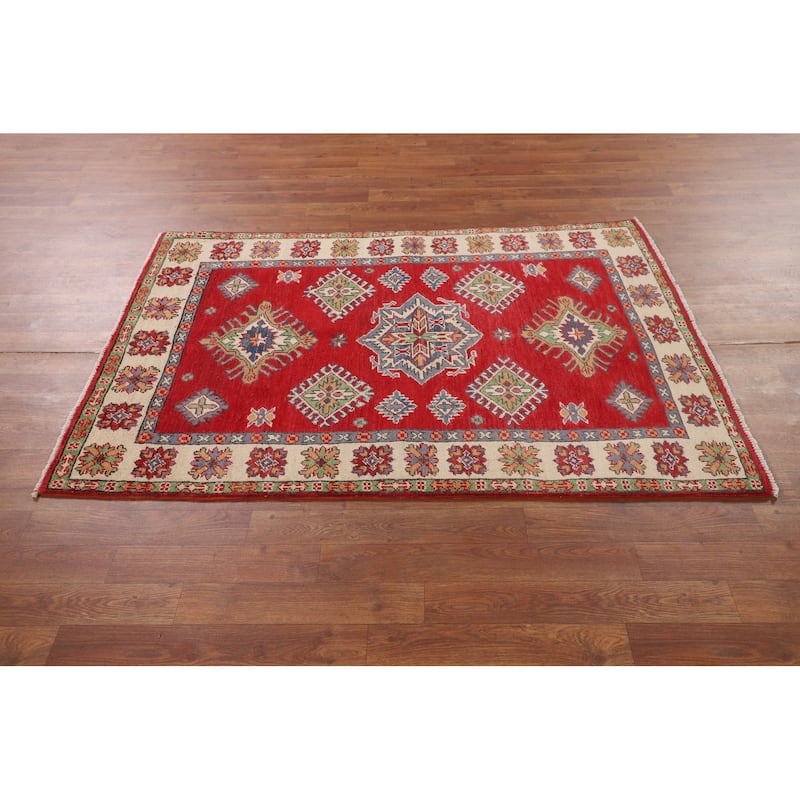 Red Kazak Oriental Accent Rug Hand-Knotted Wool Carpet - 3'5" x 4'11"