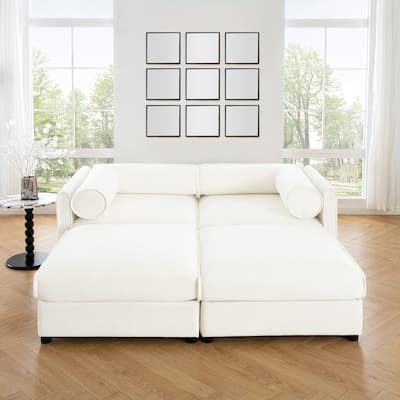 75.5" Chenille 2-Seater Sofa with 2 Ottomans & Cylindrical Back