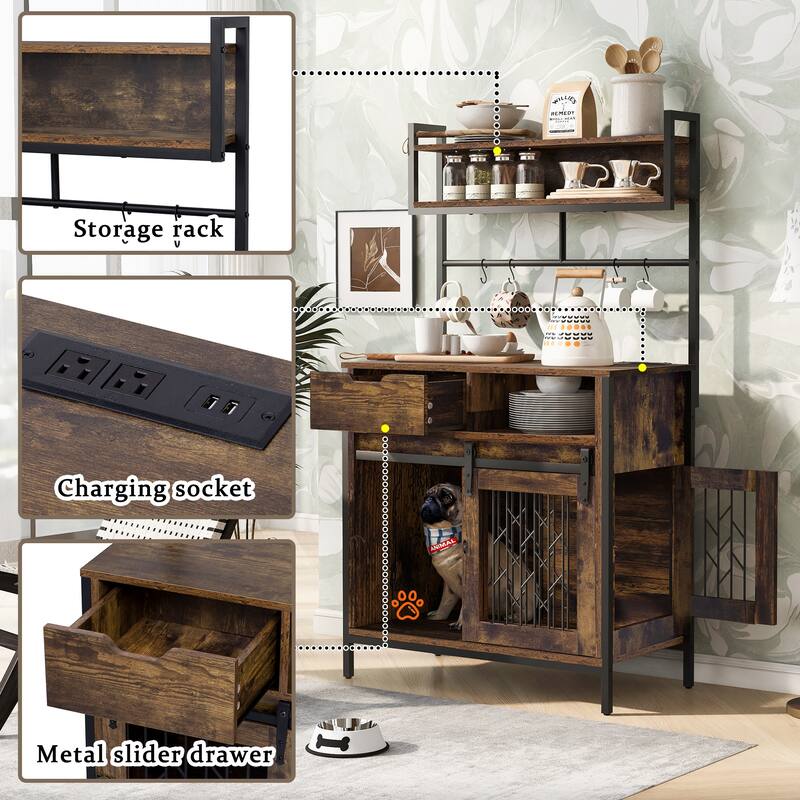 2-in-1 Rustic Dog Crate Side Cabinet Hutch, Dog Kennel Furniture with Storage, Drawers & Cupboard for Small Dogs up to 40 lbs
