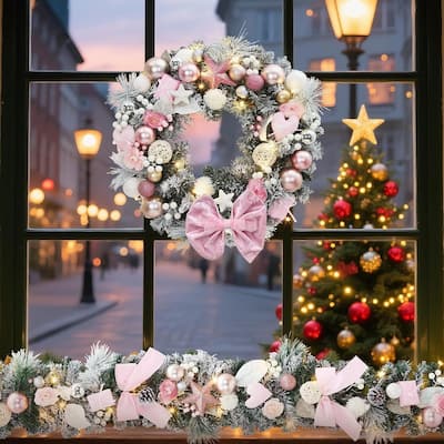 24 Inch Christmas Wreath with Pink Bow for Front Door, Window, Wall - N/A
